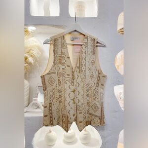 Vintage Cream and Gold Tapestry Button Up Jacquard Retro Vest